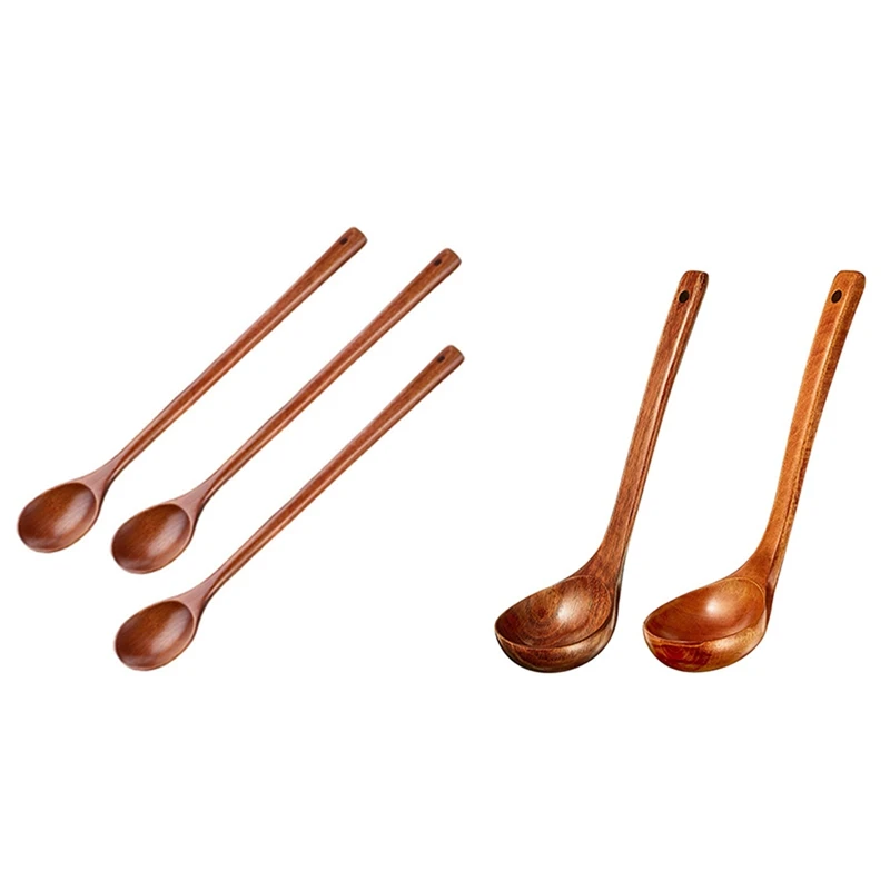 

2 Set Wooden Mixing Spoons Kitchen Soup Serving Spoons, 1 Set 3 Pcs & 1 Set 2 Pcs