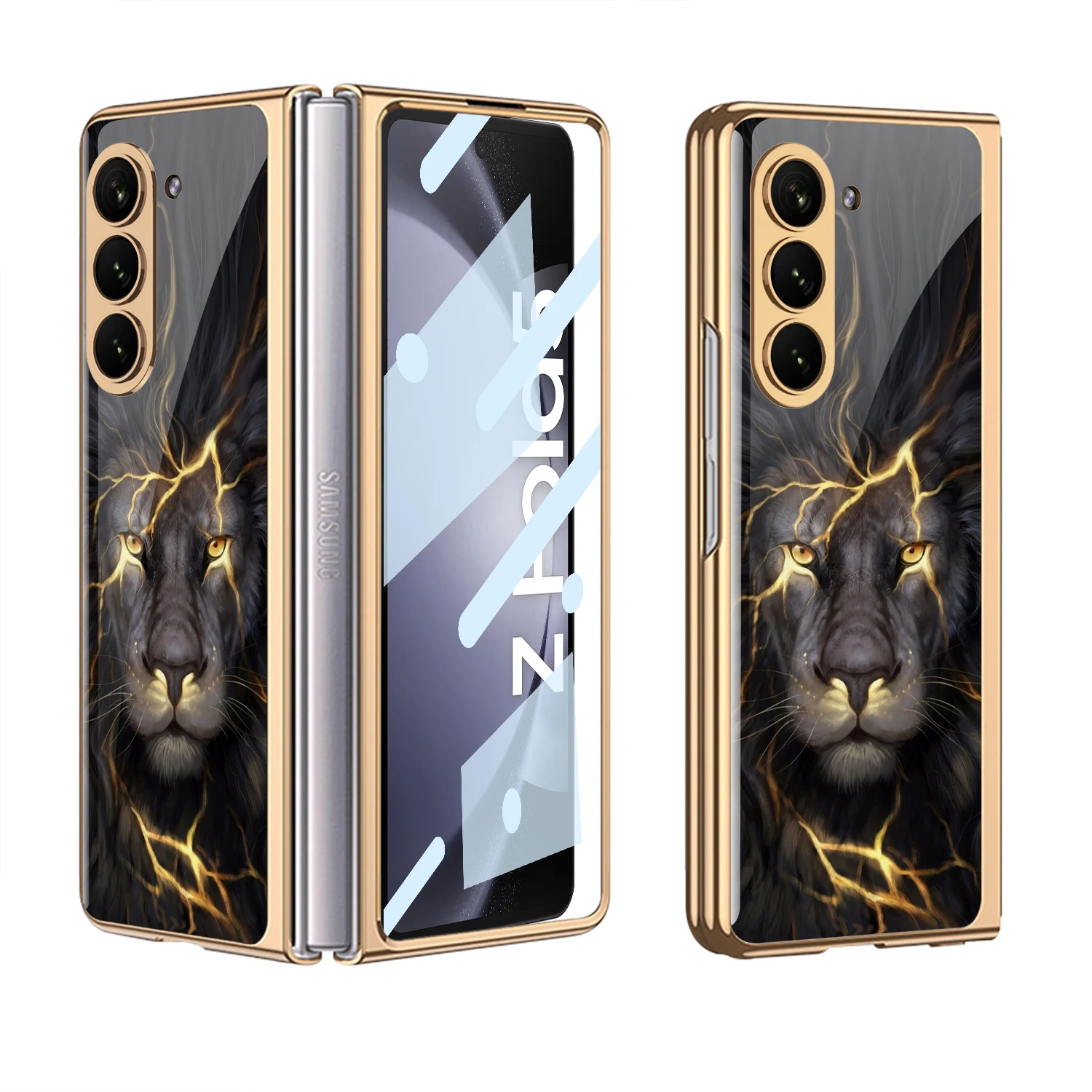 

Lion Patterned Tempered Glass Case for Samsung Galaxy Z Fold 5 4 3 5G 360 Full Protection With Screen Glass Hard Phone Cover