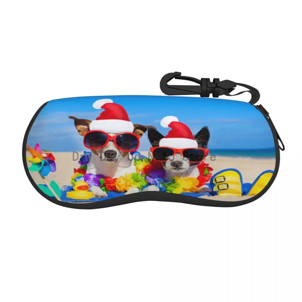 

Unisex Glasses Bag Protective Case Two Dogs Wearing Santa Claus Hat At Beach Portable Sunglasses Box Reading Eyeglasses Box