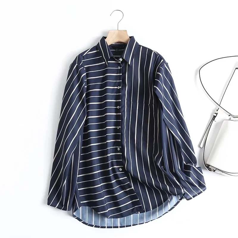 

Maxdutti 2023 England Style Office Lady Fashion Navy Striped Shirt Patchwork Boyfriend Loose Pockets Casual Blouse Women Tops