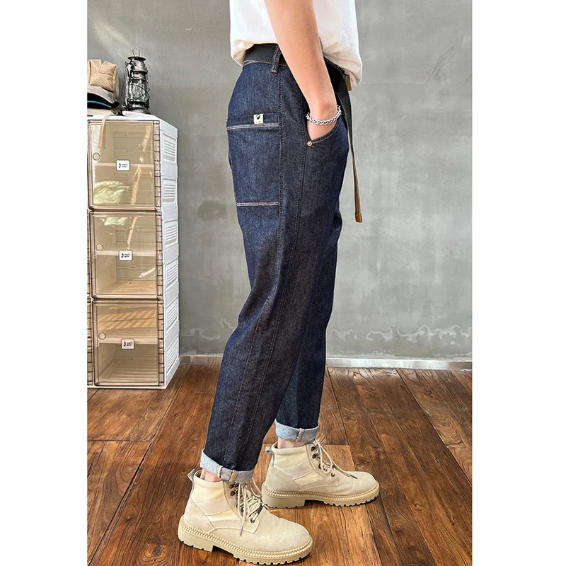 Streetwear Men 2022 New Pattern Vintage Recreational Navy Blue Jeans Loose Straight Cylinder Broad Leg Trousers Autumn Female