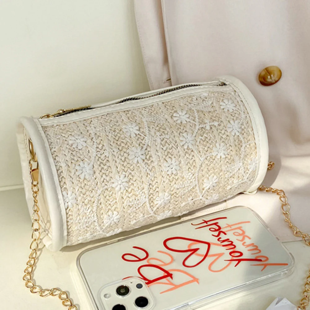 

Cylinder Straw Shoulder Bag Female Summer Lace Flower Crossbody Totes Handbag for Women Storage Handmade Tote