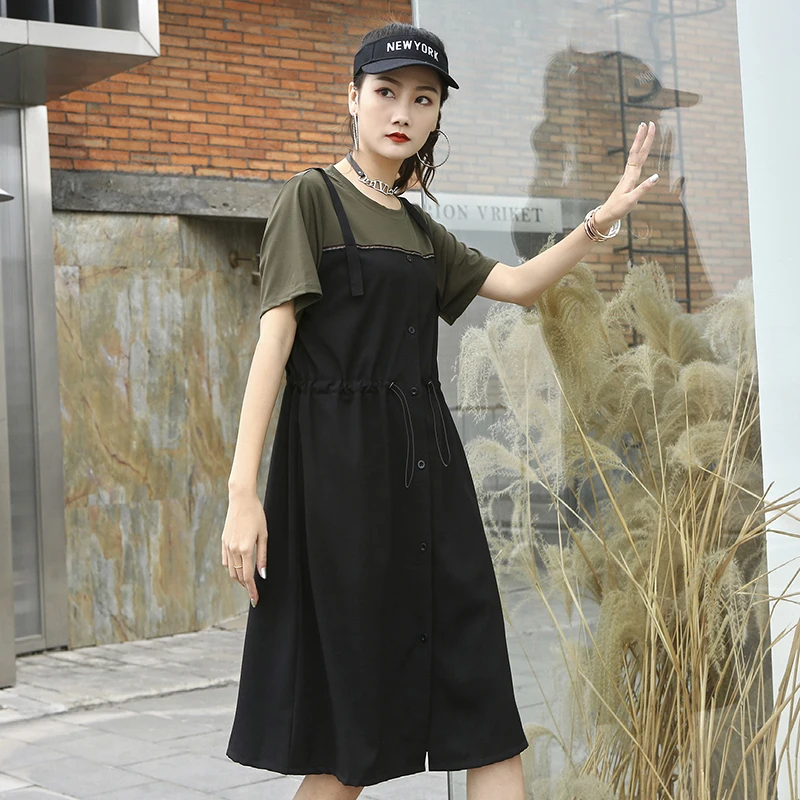 

220265 2022 New Fashion Europe style Patchwork Women Summer Dress Strap Fake Two Piece A-line Loose Dress