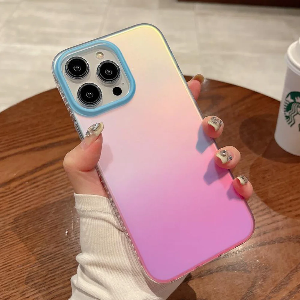 Роскошный градиентный фиолетовый розовый силиконовый чехол для телефона iPhone 13 12 11 14 15 Pro Max 14 Plus, лазерный цвет, прозрачная рамка, мягкий чехол из ТПУ
