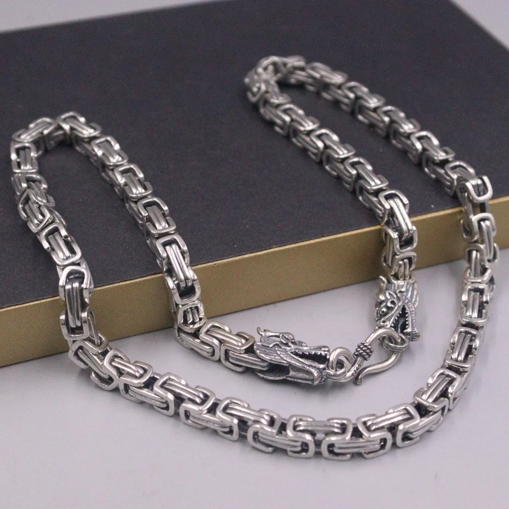 Настоящая твердая кожа серебряная цепь Мужской Дракон на удачу 6 мм византийское