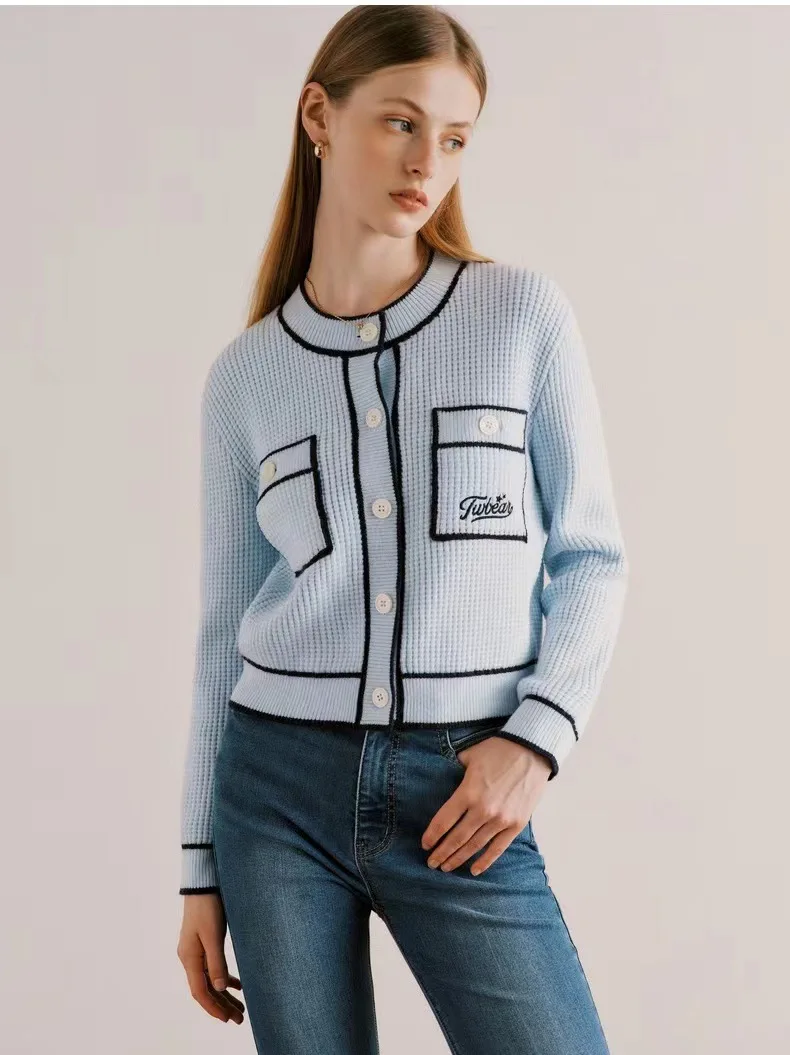 

Elegant Autumn Pockets Cardigans Full Sleeves Knitted Sweater Loose Casual Preppy Girl Jumpers Clothes