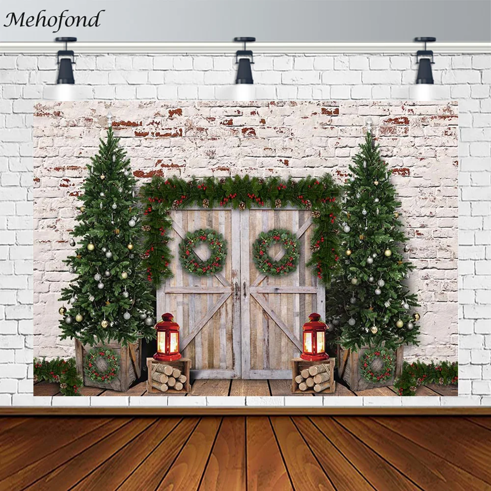 

Merry Christmas Backdrop X-mas Personal Portrait Photography Background Brick Wall Wood Door Decor Poster Photo Studio Photocall