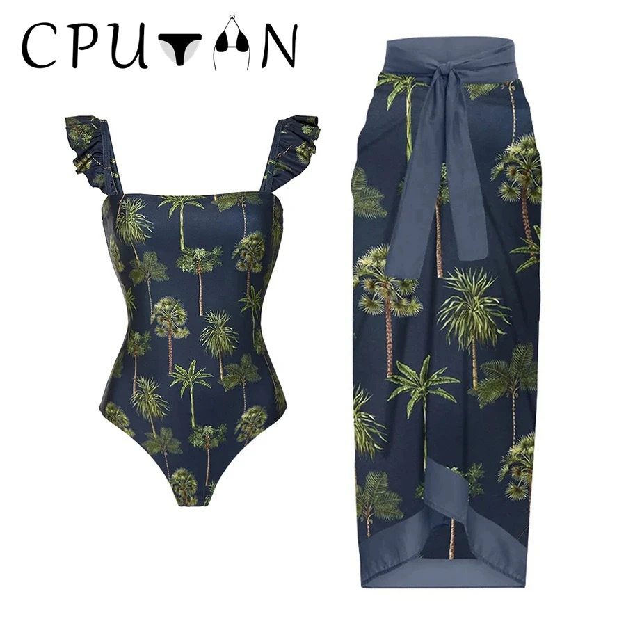 

CPUTAN 2023 New Sexy Ruffle Swimwear One Piece Swimsuit Skirt Bikini Set Vintage Print Women Brazilian Beach Bathing Suit Dress