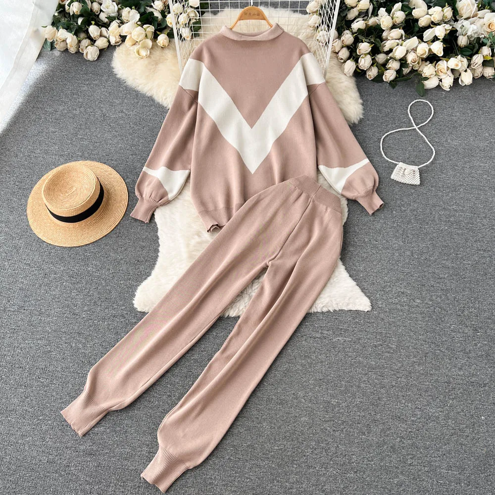 Autumn Korean Version of the College Wind Sports Collision Color Long-sleeved High-waisted Thin Casual Long Pants Two-piece Suit