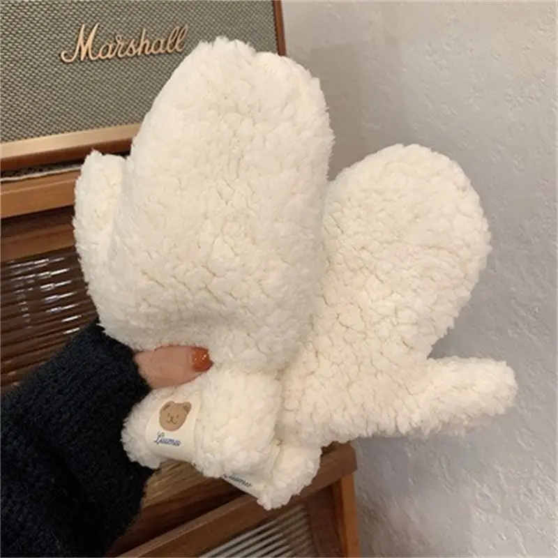 

Cute Winter Plush Mitten Warm Solid Color Girls Soft Fingerless Gloves with Ropes Casual Lovely Women Outdoor Riding Mittens