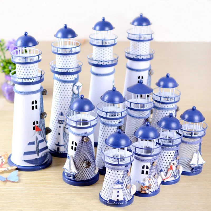 

New Nautical Ocean Flash Lighthouse Home Decor Fishing Net Starfish Shell Metal Beacon Tower Ornaments Gifts Figurines Crafts