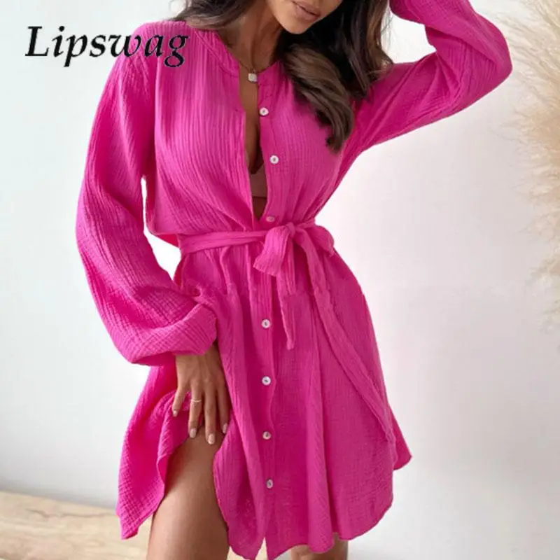 

Women 2023 Elegant Single-breasted Party Dress Summer Fashion O Neck Solid Dress Ladies Casual Long Sleeve Lace-up Dress Vestido