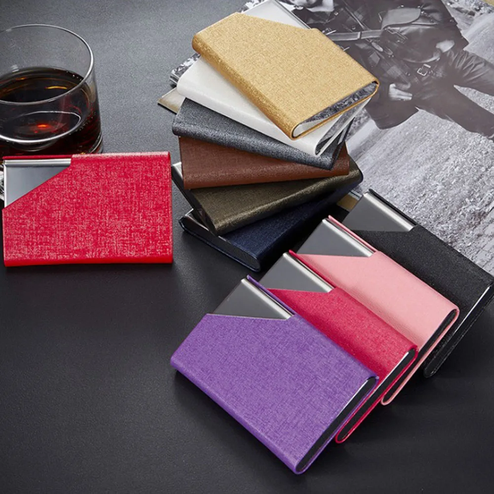 

Anti-theft Solid Color Business Card Holder Pu Thin Aluminium Metal Card Wallet No Zipper Credit Card Box Business Men Women