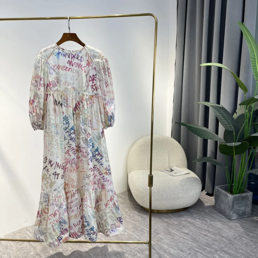 

Woman Clothing 2022 Summer New Top Quality Linen Multi Color Letters Print Ruffles A-line High Waist Midi White Dress