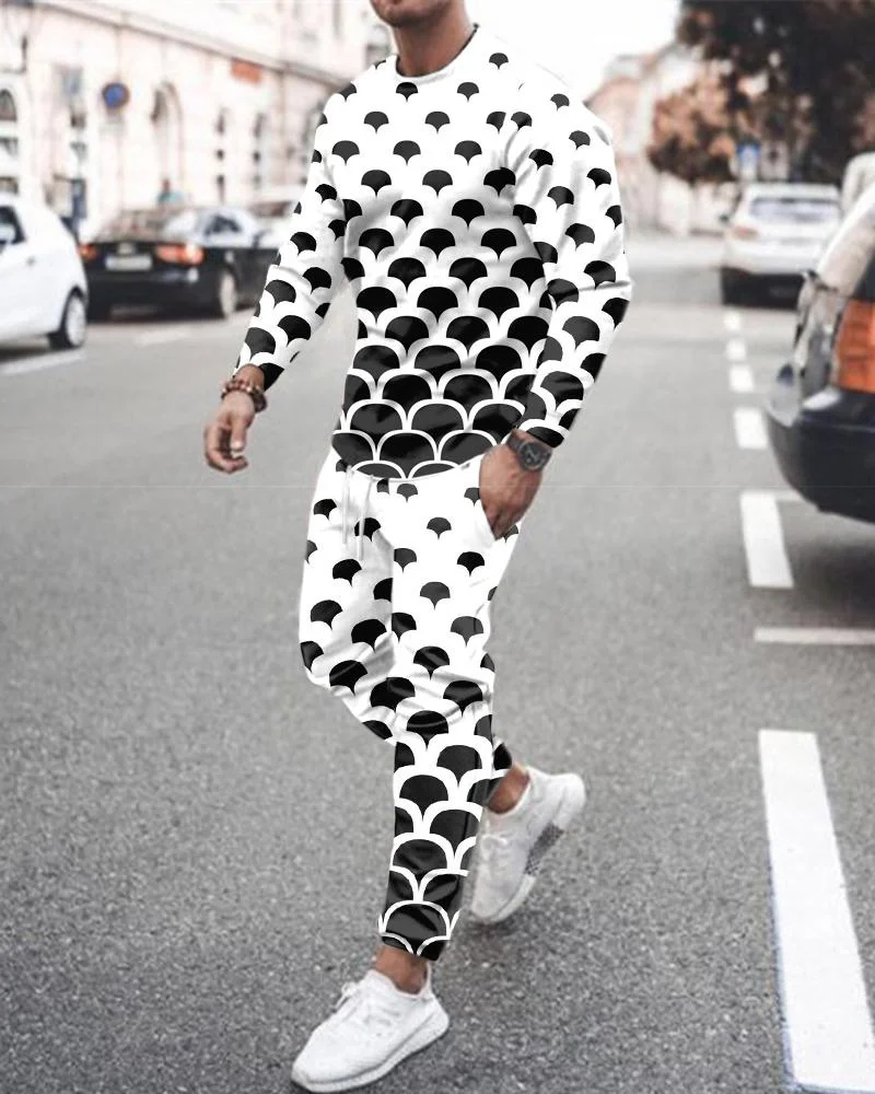 

Men's sports suit T-shirt + trousers workout clothes 2-piece set 3D plant leaf solid color printing long-sleeved sportswear