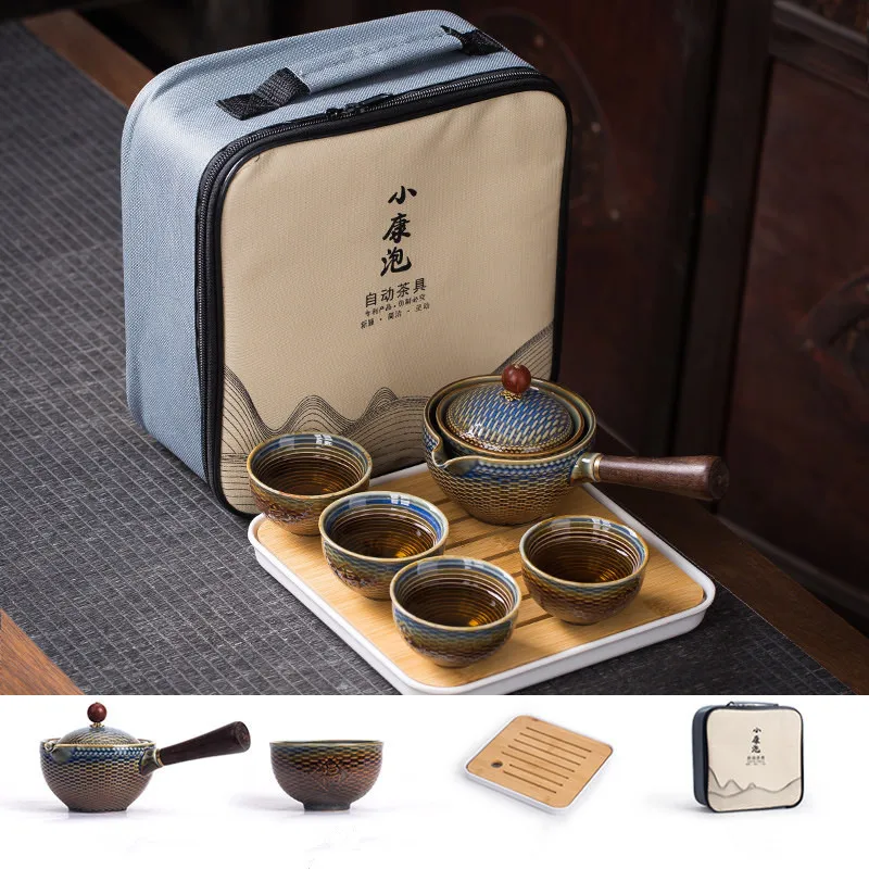 

Portable Chinese Kung Fu Tea Set Flower Gradient Solid Traveling Ceramic Teapot with Wooden Handle Teapot Cups Teaware Drink Set