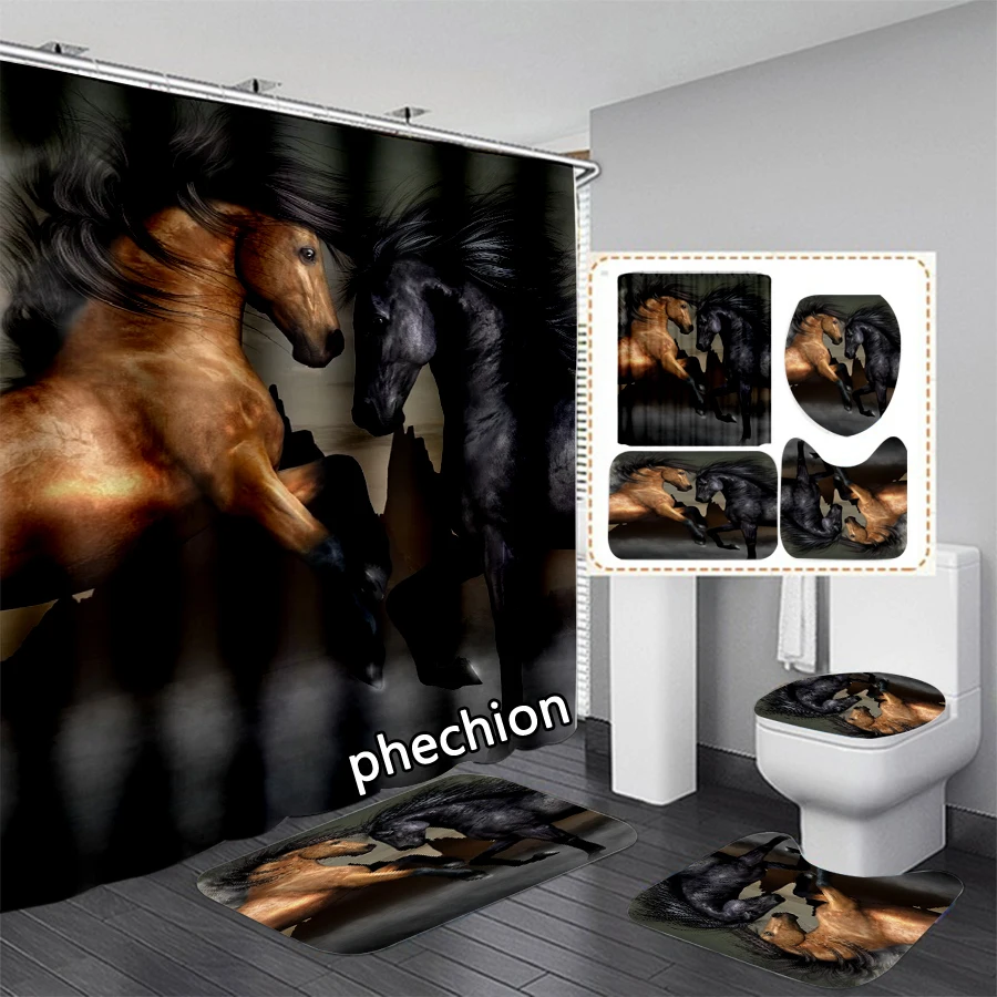 

Водонепроницаемая занавеска для душа и ванной с 3D-принтом phechion Animal Horse, коврик для унитаза, нескользящий напольный коврик (1/3/4 шт.) W47