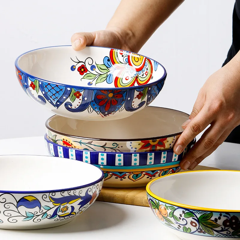

Creative Ceramic Soup Plate Hand-Painted 8-Inch Deep Plates Western Tableware round Household Dinner Plate Salad Bowl Plate