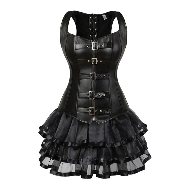 

Gothic Corselet Body Shaper Faux Leather Corset Bustier and Mini Skirt Tutu Set Plus Size Renaissance Steampunk Corset Dresses