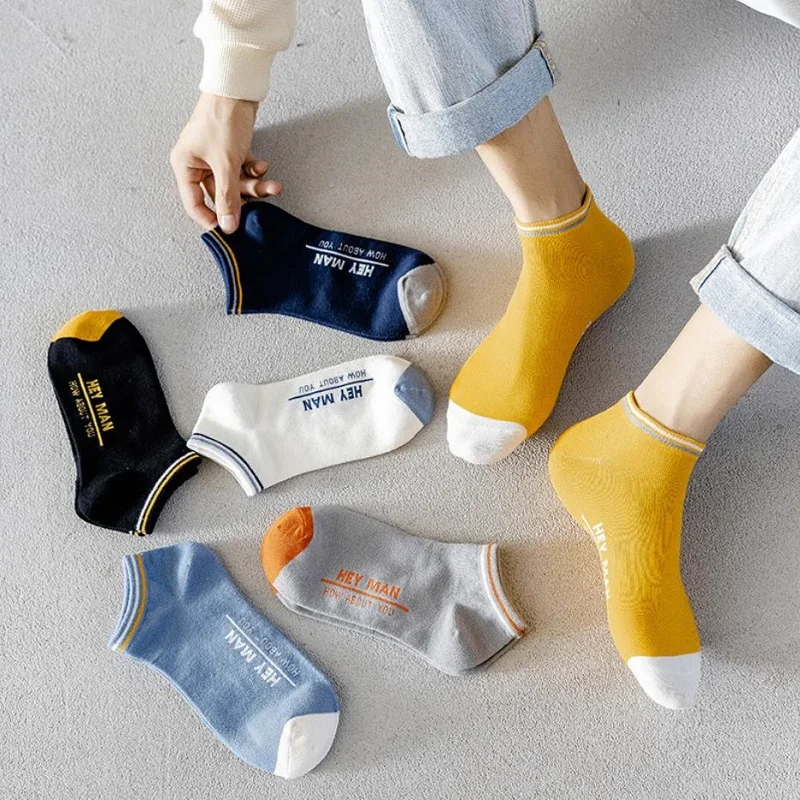 5 Pairs Men Fashion Thin Socks Breathable Solid Color Casual Ankle Sock Male Summer Sports Preppy Style Low Cut Boat Socks Set