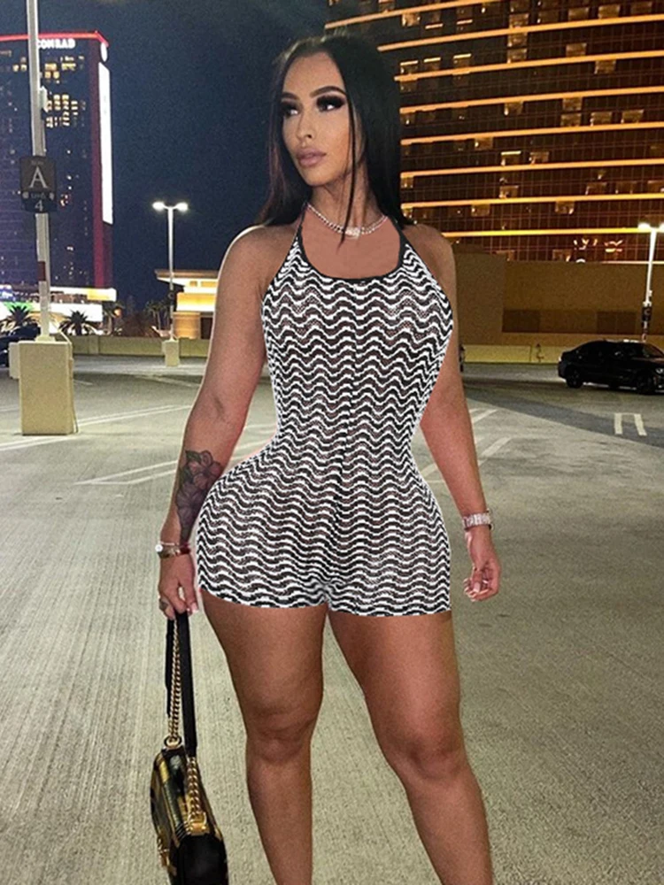 

Sibybo Sexy Halter Playsuit For Women Contrast Color Stripe Backless Jumpsuits Slim-fit Hottie Party Outfit Y2k Clothes Women