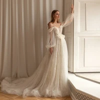 exquisite tulle wedding dresses for bride 2022 summer romantic long sleeve off shoulder a line sweep train bridal gown applique