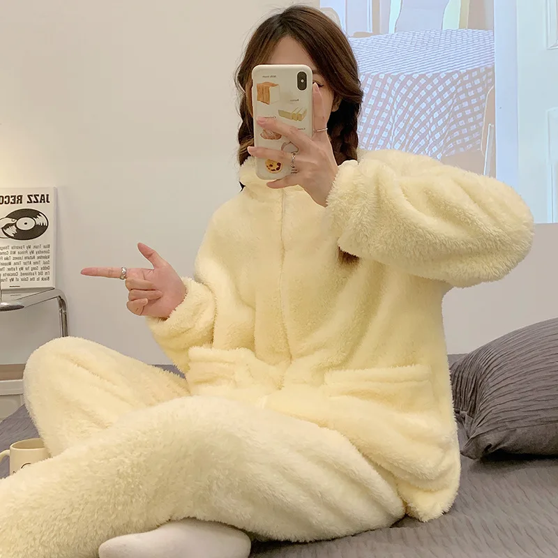 M-XXL осенне-зимняя пижама-кардиган на молнии женский однотонный комплект