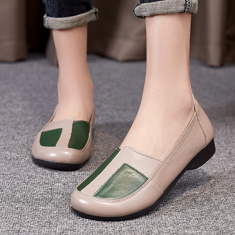 Large Size 42 Ballet Flats Women's Luxury Genuine Leather Shoes Mom Comfortable Driving Loafers Ladies Patches Slip On Moccasins