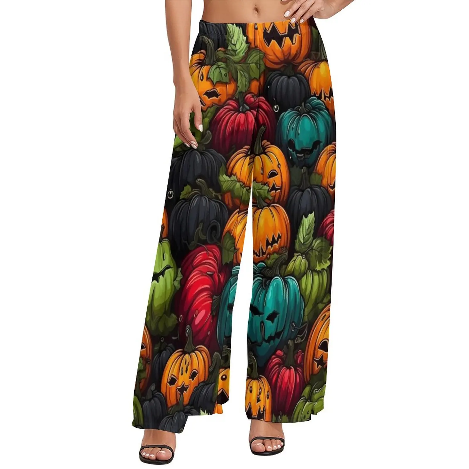 

Прямые брюки с принтом на Хэллоуин, забавные широкие брюки с тыквой, женские брюки большого размера, уличная одежда на заказ