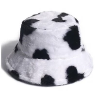 black and white ladies fisherman hat autumn and winter warm cow print plush fashion panama casual hat shopping trip pot hat