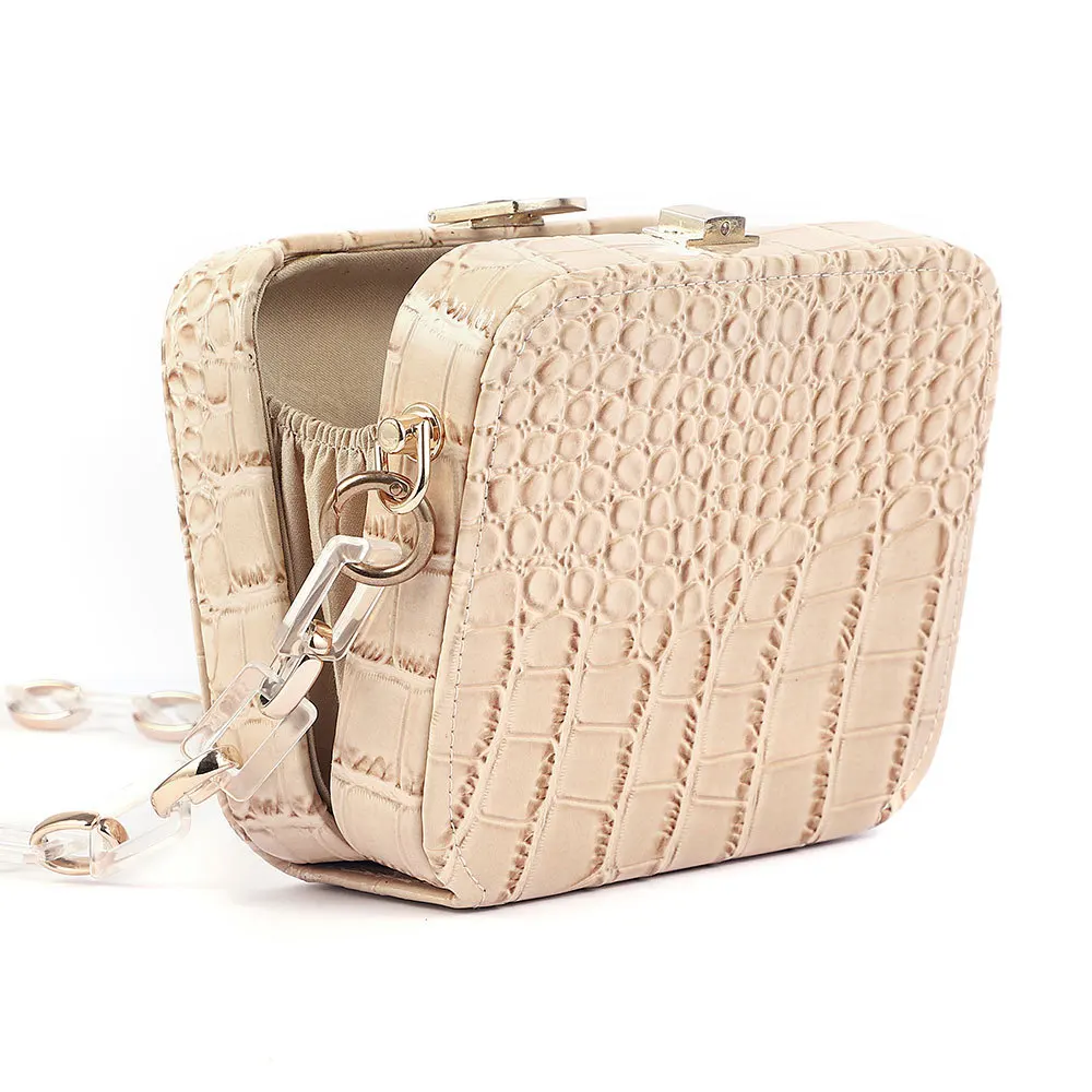 

Silver Gold PU Leather Alligator Grain Mini Flap Bag Fashion Women Square Box Clutches Wide Chain Purse Phone Handbag Day Clutch