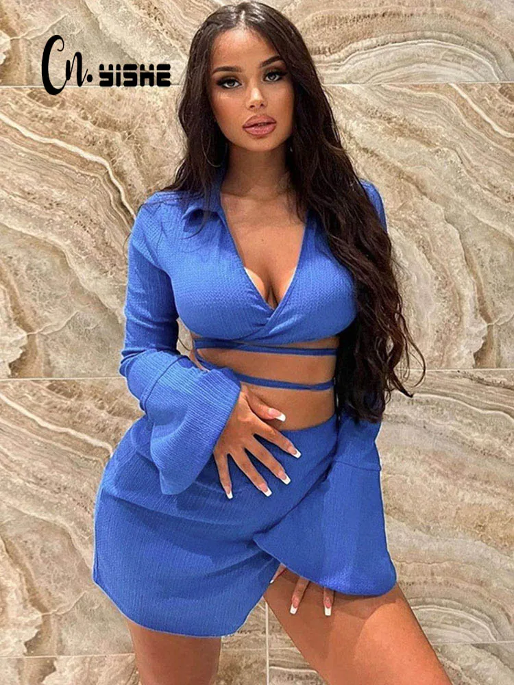 

CNYISHE элегантный кардиган на шнуровке и юбка, подходящий комплект для женщин, вечерние сексуальные комплекты из 2 предметов, костюмы для отды...