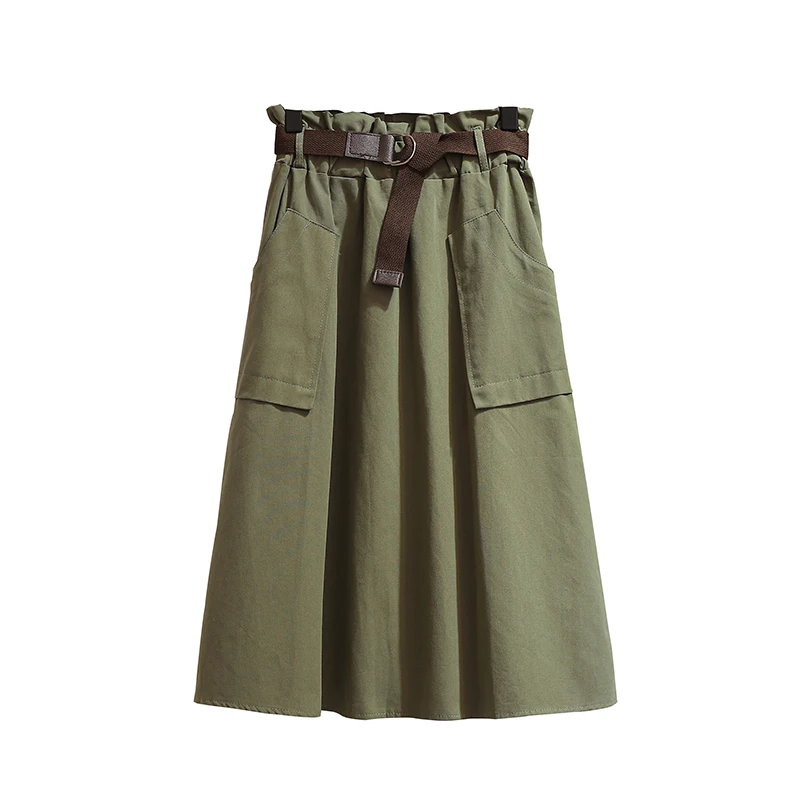 2023 Korean Skirts Womens Big Pocket Elastic High Waist A Line Casual Midi Skirt with Belt Knee Length Women Skirt