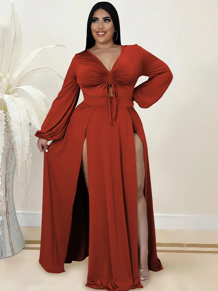 

ZJFZML ZZ Women Clothing Plus Size Long Maxi Dresses Elegant Ruched Drawstring Long Sleeve Split Dress Dropshipping Wholesale