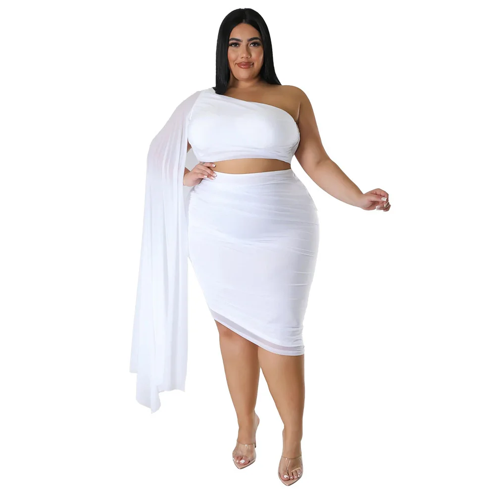Plus Size Two-piece Sets Fashion Female High Elasticity Diagonal Collar Pleated Short Top And Skirt Outfits Casual Solid Color