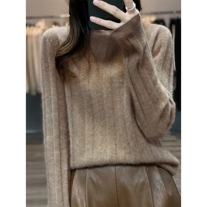 

22 Autumn Winter Models Half Turtleneck Sweater Women's 100% Pure Wool Pullover Pit Strip Wool Sweater Solid Color Bottoming Top