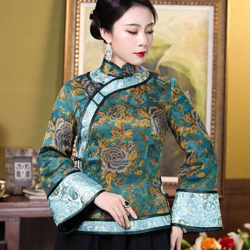 

Cheongsam Women's Plus Size Tops 2023 New Silk Satin Prints Embroidery Splicing Chinese Style Tang Costume Qipao Shirts Woman