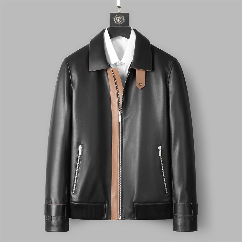 

100% genuine leather real Haining jacket for men with a lapel collar, casual spring and autumn slim fit, handsome short top la
