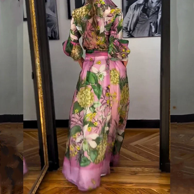 Повседневная рубашка с рукавами-фонариками лацканами + длинная юбка костюм 2024