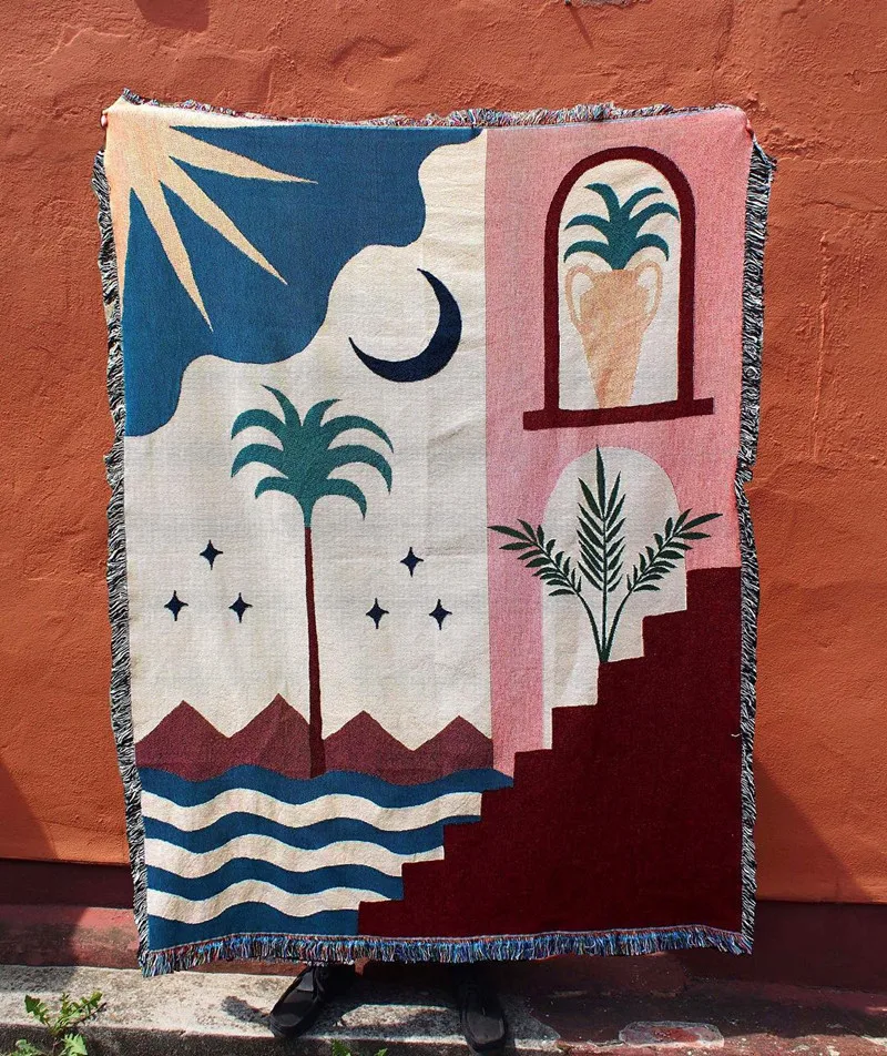 

Mediterranean literature art blanket homestay decorative hanging tapestry sofa couch cover Landscape Needlework fabric tassel