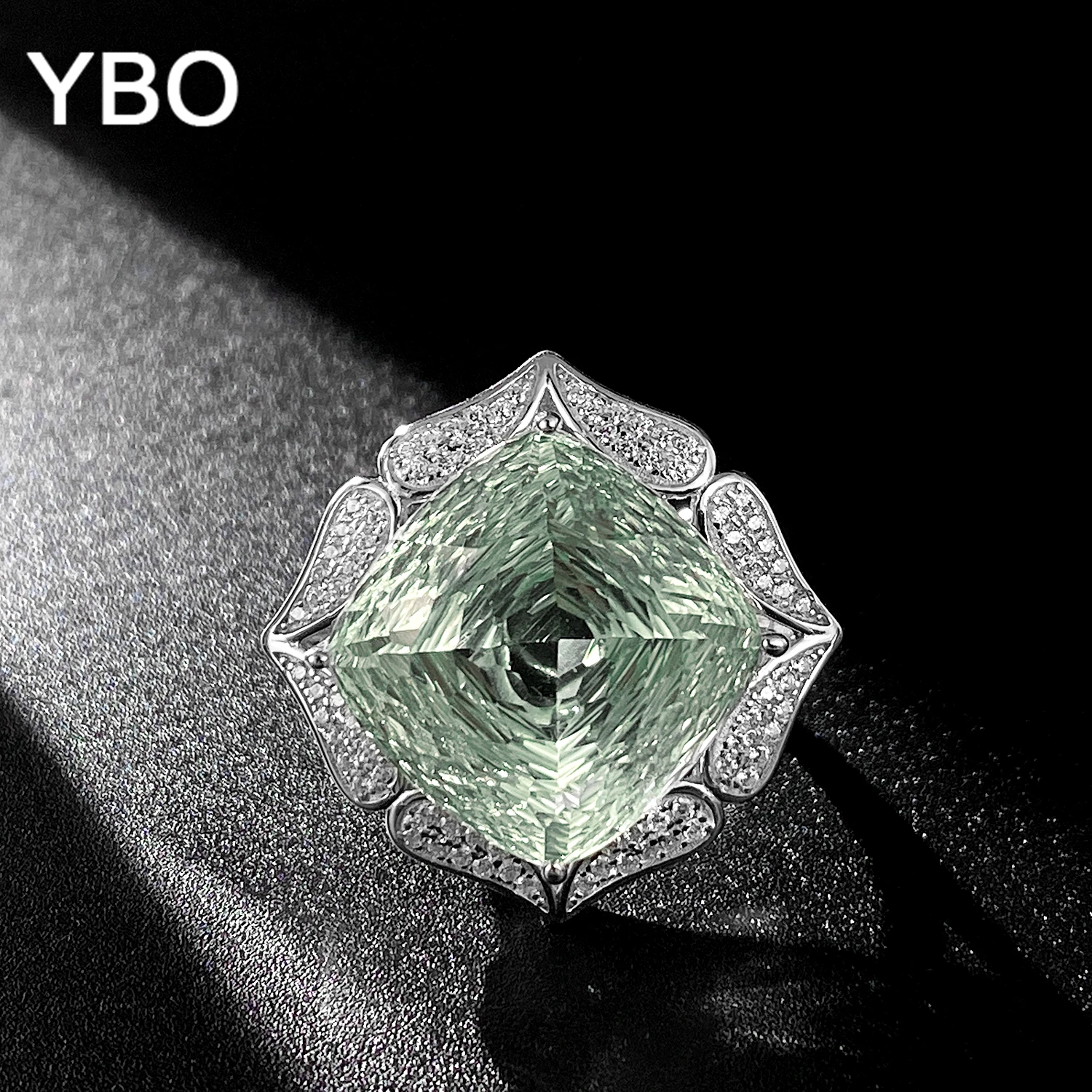 

YBO 925 Sterling Silver Luxury Jewelry 17MM Green Amethyst Natural Gemstones Rings For Women Wedding Birthday Engagement Rings