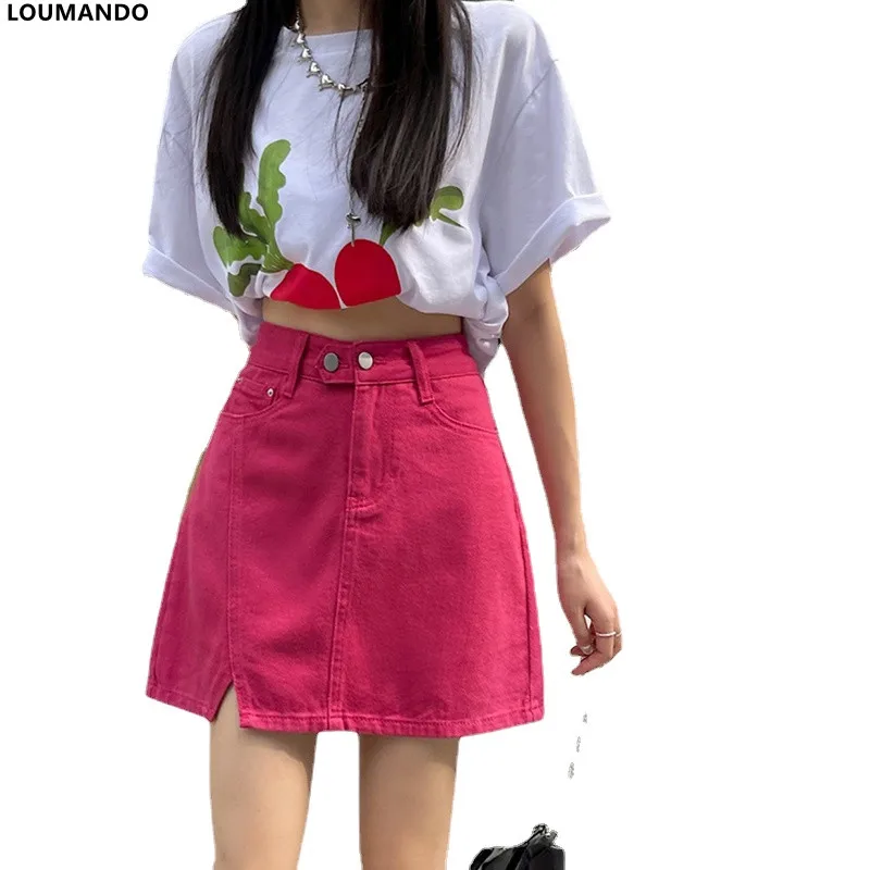 

Rose red denim Skirt Women's Summer design sense Casual short denim Skirt Tide brand high street personality a-line denim Skirt