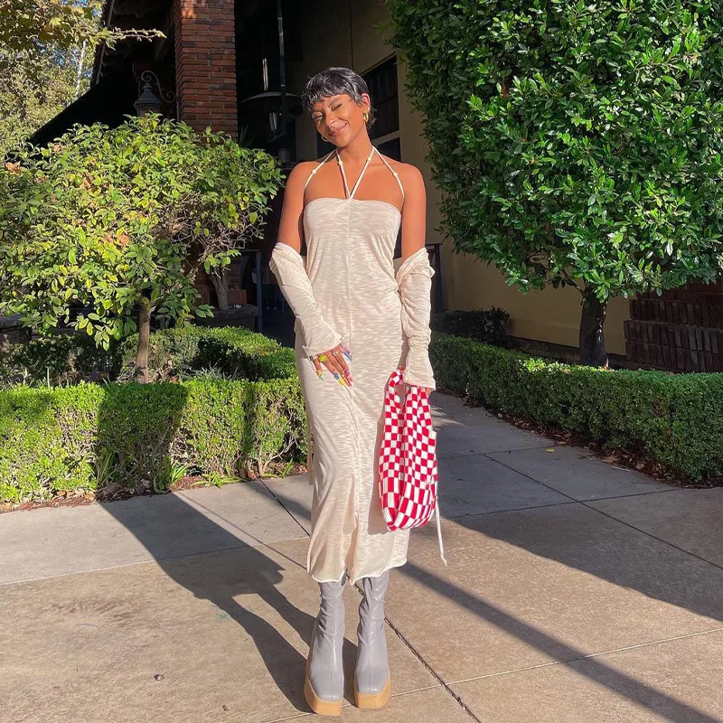 

2021 Fashion Women's Autumn New Solid Color Tube Top Hanging Neck High Waist Temperament Half-open Skirt Dress Female