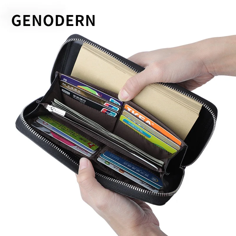 

GENODERN Men's Leather Handbag Multi-Functional RFID Multiple Card Slots Long Wallet with Notebook