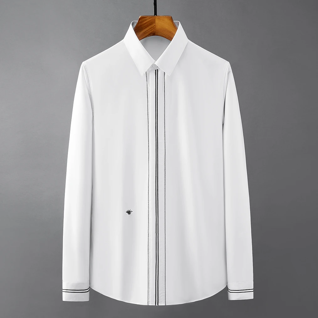 

Brand Bee Embroidery Shirts for Men Long Sleeve Slim Casual Shirt Business Social Formal Dress Shirts Party Tuxedo Blouse 2022