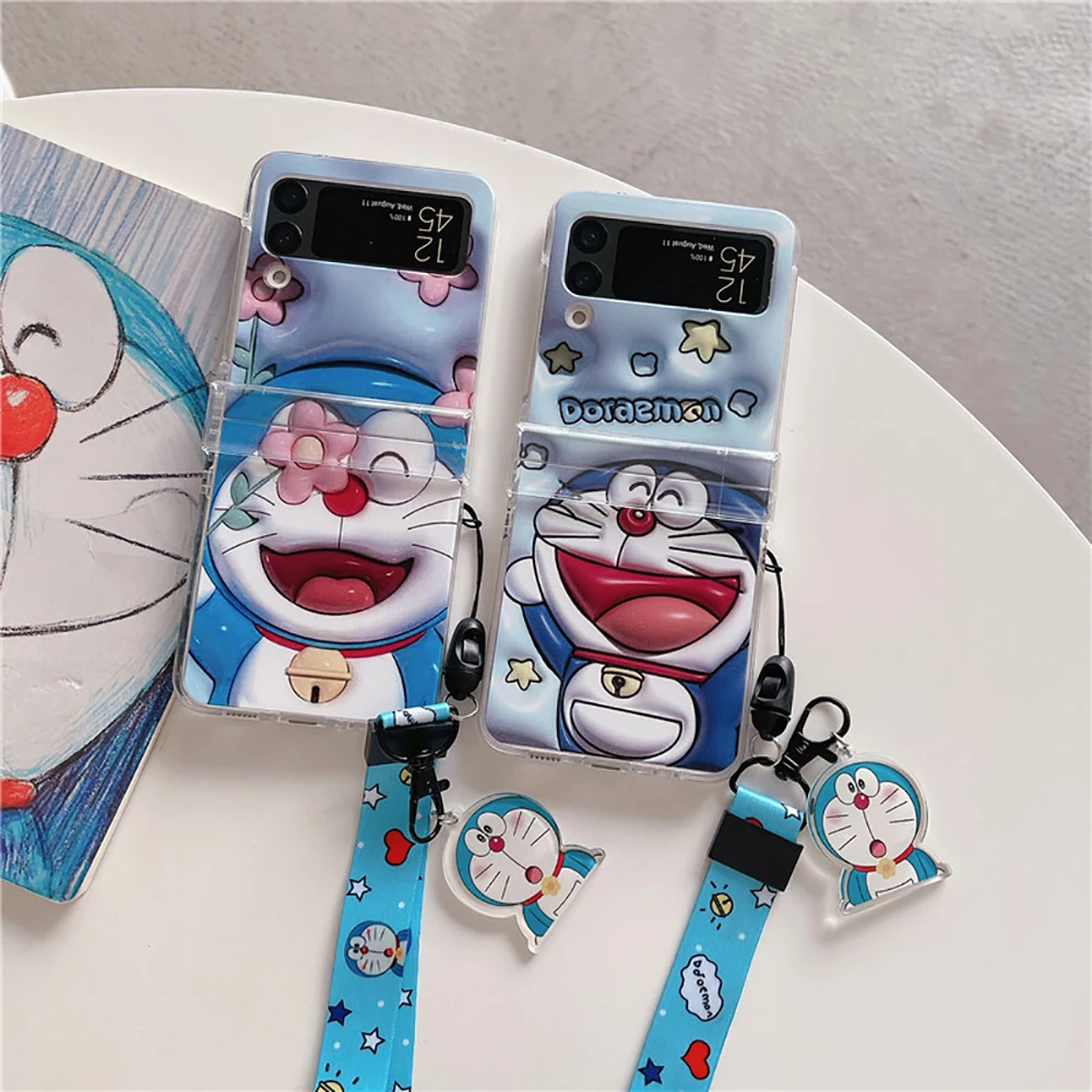 

Cute Cartoon Doraemons with Lanyard Phone Case for Samsung Galaxy Cover ZFlip3 ZFlip4 5G Anti-drop Girl Gift Back Cover