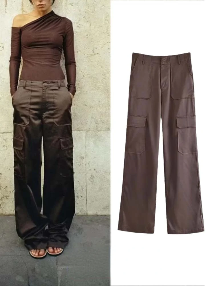 

TRAF Women Pants 2023 New Fashion New Solid Silk Satin Cargo-Pants At The Cuffs Female casual Trousers Mujer Capris Pant