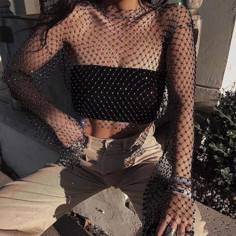 

Crystal Diamond See Through Crop Tops 2022 Summer Women Hollow Out Beachwear Tops Shiny Sexy Fashion Party Club Top