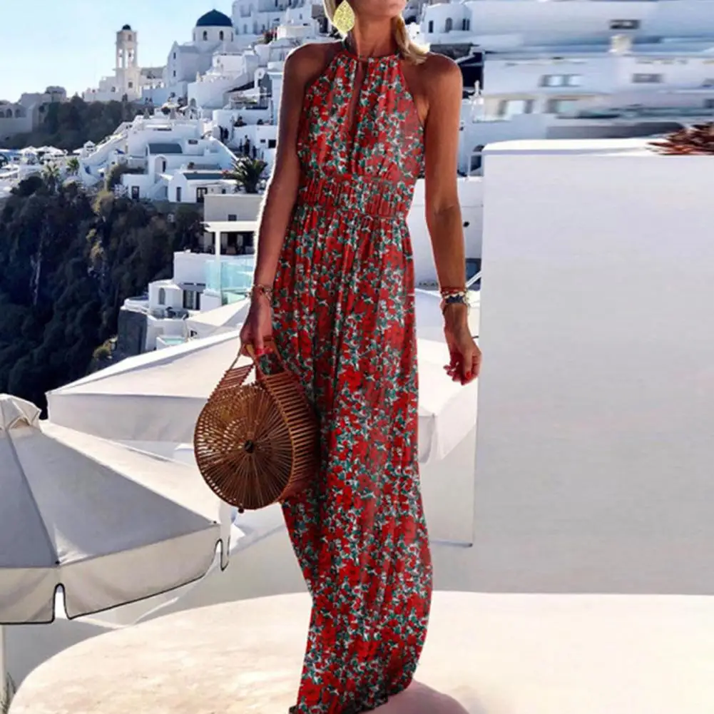 

Dress Backless Beach Dress Women Dress Women Streetwear Sleeveless Bohemian Paisley Floral Print Halter Maxi Party Beach Dresses