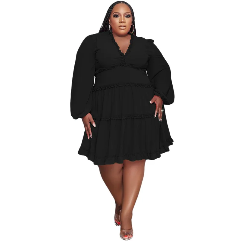V-neck Solid Color Mini Dress Plus Size Women's Autumn Long Sleeve 2022 Elegant Ruffle Hem A-line Skirt Wholesale Dropshipping
